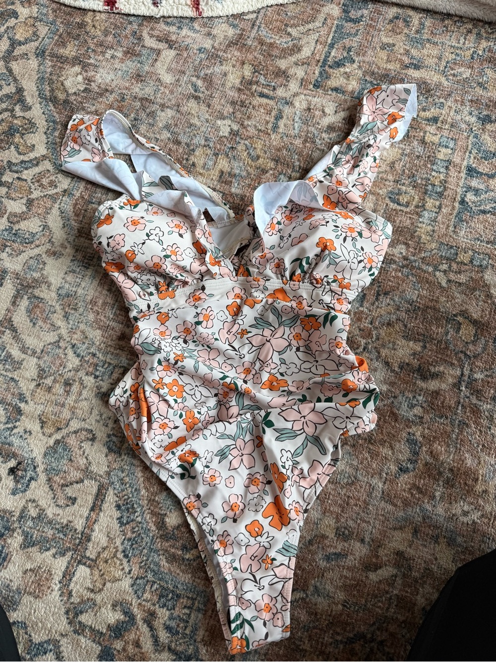 Floral One-Piece Swimsuit in White with Orange & Pink Flowers